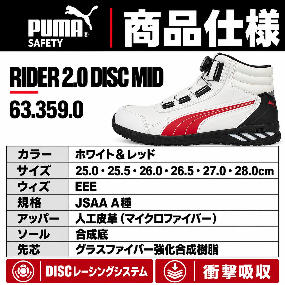 PUMA SAFETY プーマ 安全靴 633590 ライダー2.0 ホワイト＆レッド
