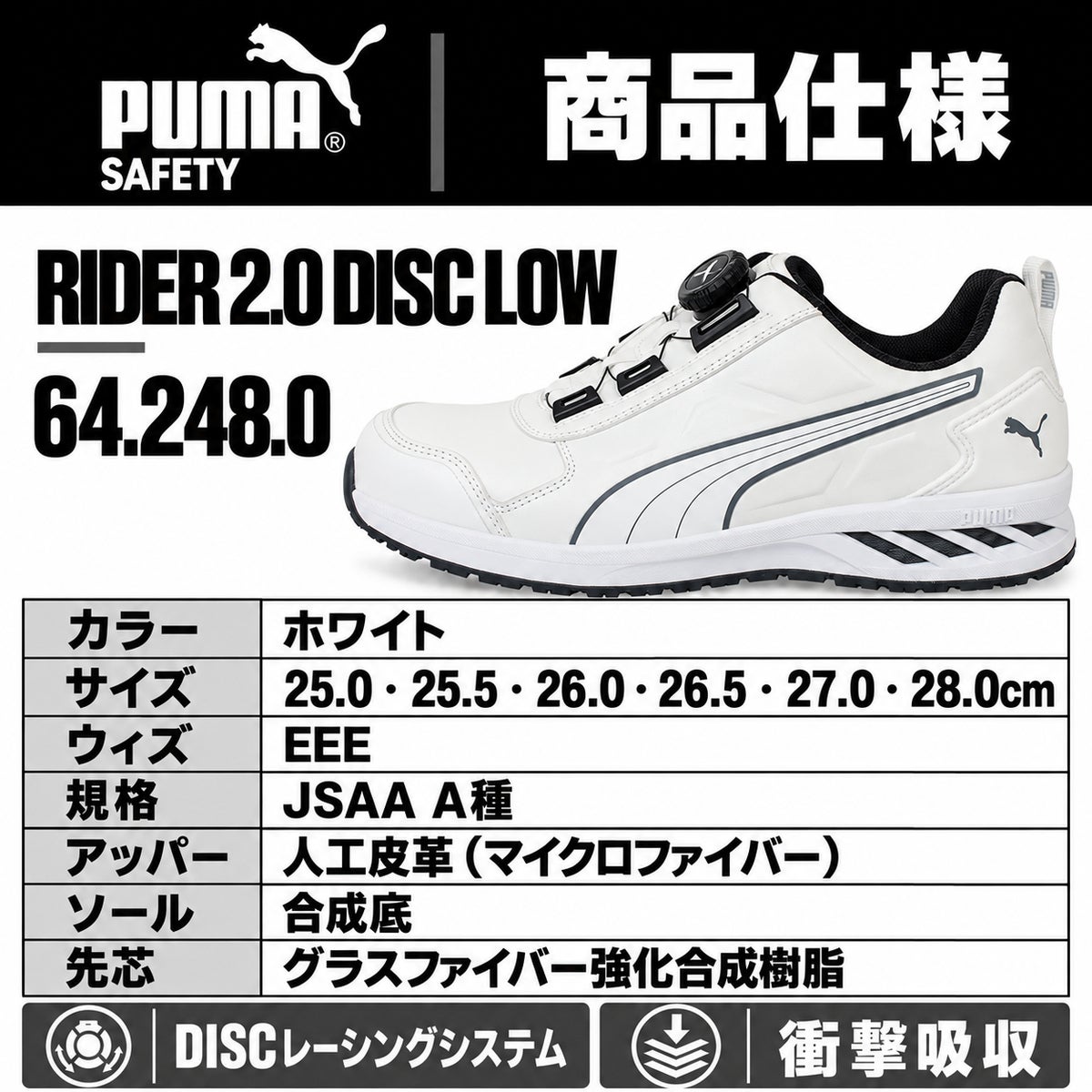 PUMA SAFETY プーマ 安全靴 642480 ライダー2.0 ホワイト ディスク