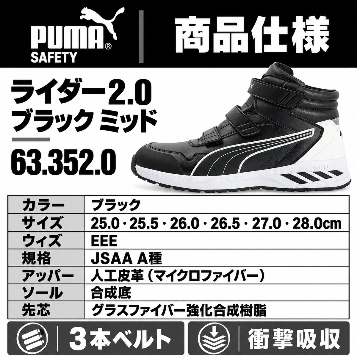 PUMA SAFETY プーマ 安全靴 633520 ライダー2.0 ブラック ミッド