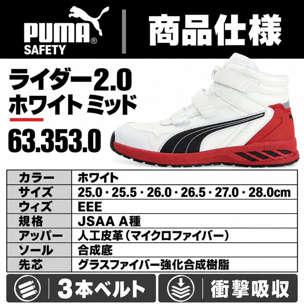PUMA SAFETY プーマ 安全靴 ライダー2.0 ホワイト ミッド 633530
